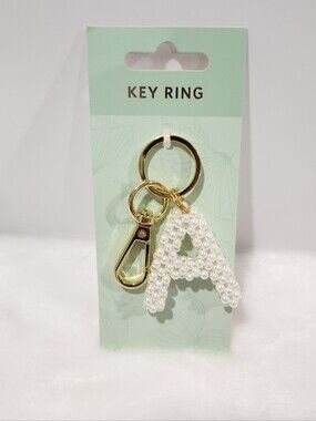 Initial Letter A White Knitted Woven 3D Beaded Pearl Gold Keychain Bag Charm NWT